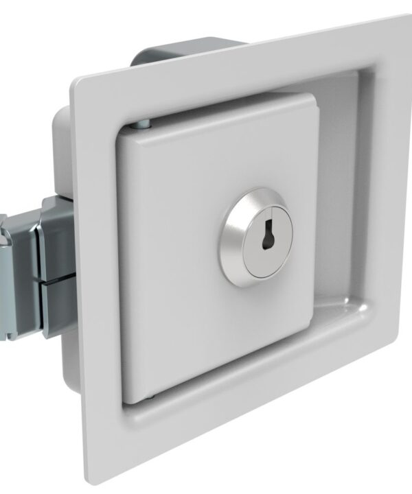 Southco Push-to-Close Latch, Medium Size, Locking, 7.9mm (.31 in) Grip, Steel, Powder Coated, Silver