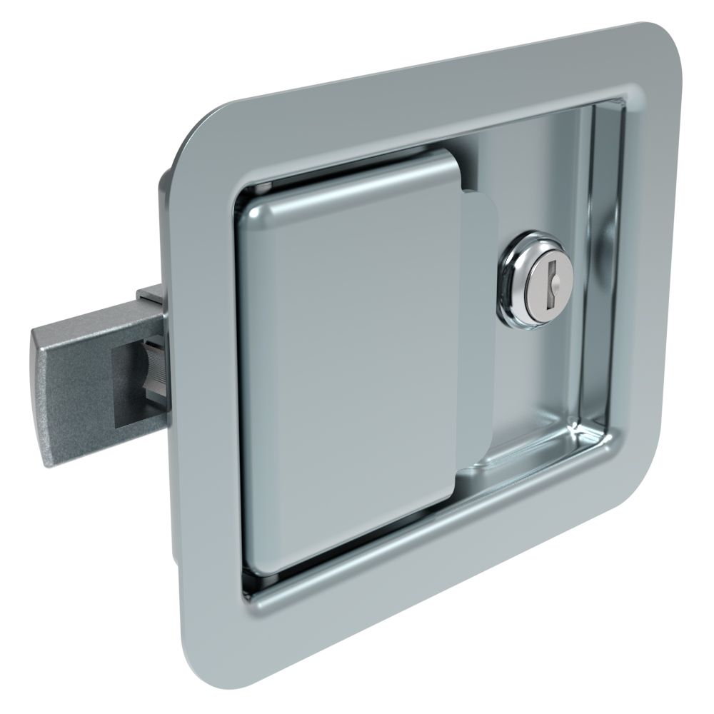 Southco Push-to-Close Latch, Large Size, Locking, Rivet Mount, 4.9mm (.19 in) dia. Holes, 23.4mm (.92 in) Grip, Steel, Zinc Plated, Bright Chromate
