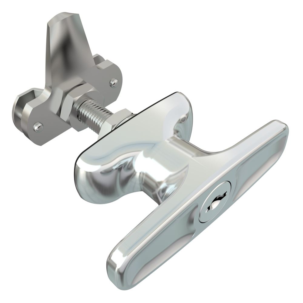 Southco Cam Latch T-Handle, Turn Counterclockwise to Latch / Lock, Short Cam, Zinc Alloy, Chrome Plated, Polished