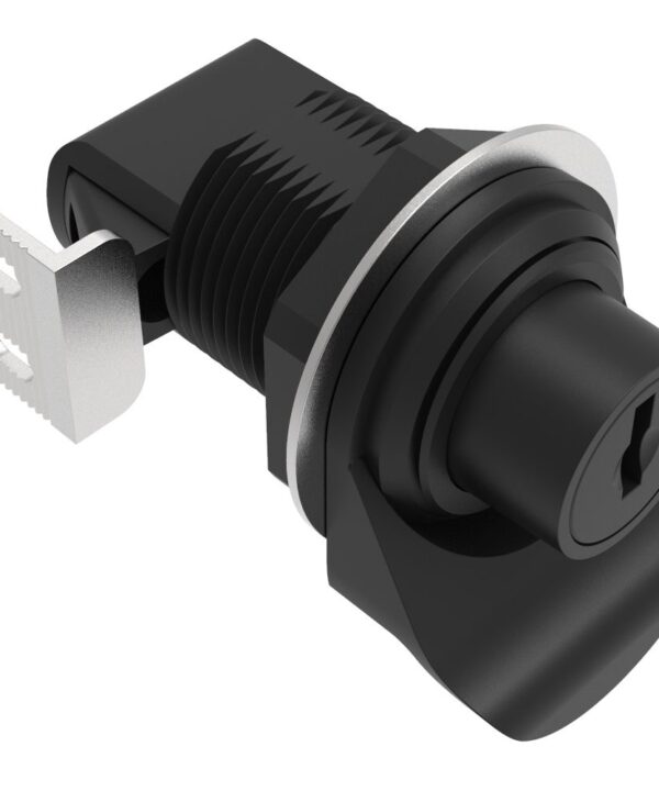 Southco Push-to-Close Latch, Push Button, Key Locking, Pull tab perpendicular to latching pawl, Plastic, Black
