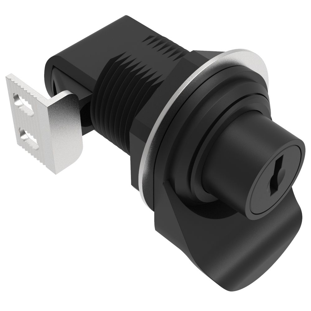 Southco Push-to-Close Latch, Push Button, Key Locking, Pull tab perpendicular to latching pawl, Plastic, Black