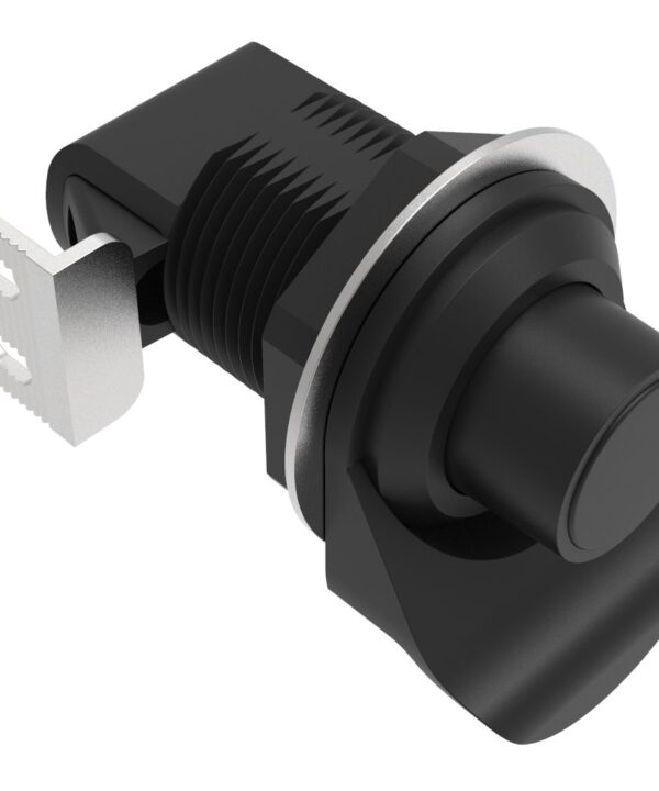Southco Push-to-Close Latch, Push Button, No Restriction, Pull tab perpendicular to latching pawl, Plastic, Black