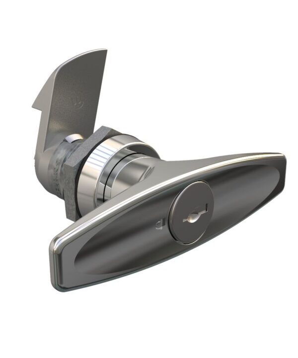 Southco Quarter-Turn Cam Latch, Key Locking (Reversible Key) T-handle, 23mm (.91 in) Grip, Not Sealed, Zinc Alloy, Chrome Plated, Bright