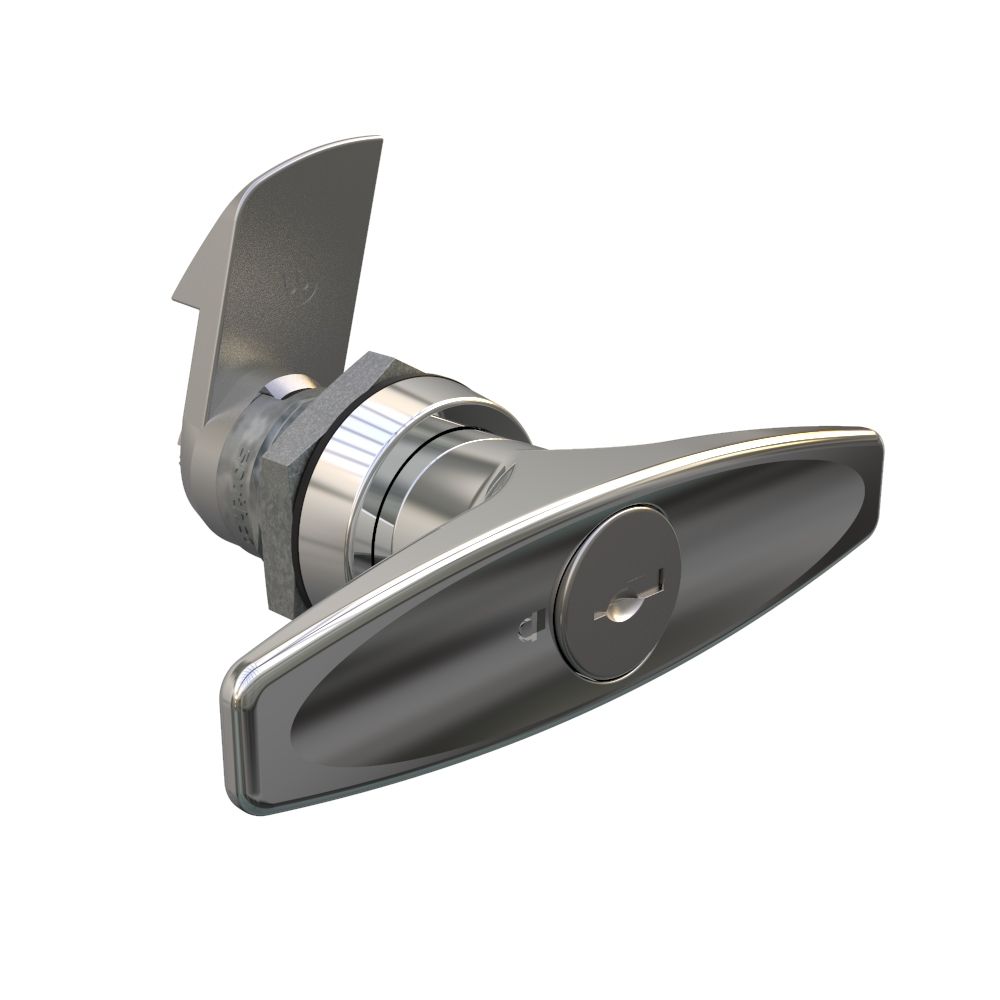 Southco Quarter-Turn Cam Latch, Key Locking (Reversible Key) T-handle, 23mm (.91 in) Grip, Not Sealed, Zinc Alloy, Chrome Plated, Bright