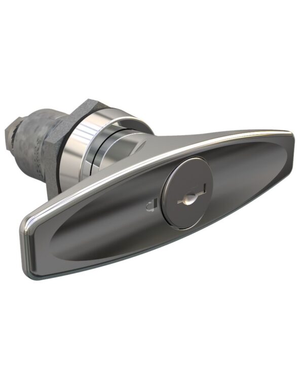 Southco Quarter-Turn Cam Latch, Key Locking (Reversible Key) T-handle, Spring-return Actuator, Not Sealed, Zinc Alloy, Chrome Plated, Bright