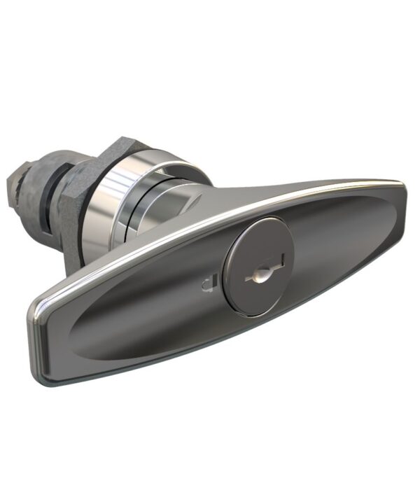 Southco Quarter-Turn Cam Latch, Key Locking (Reversible Key) T-handle, Spring-return Actuator, Not Sealed, Zinc Alloy, Chrome Plated, Bright