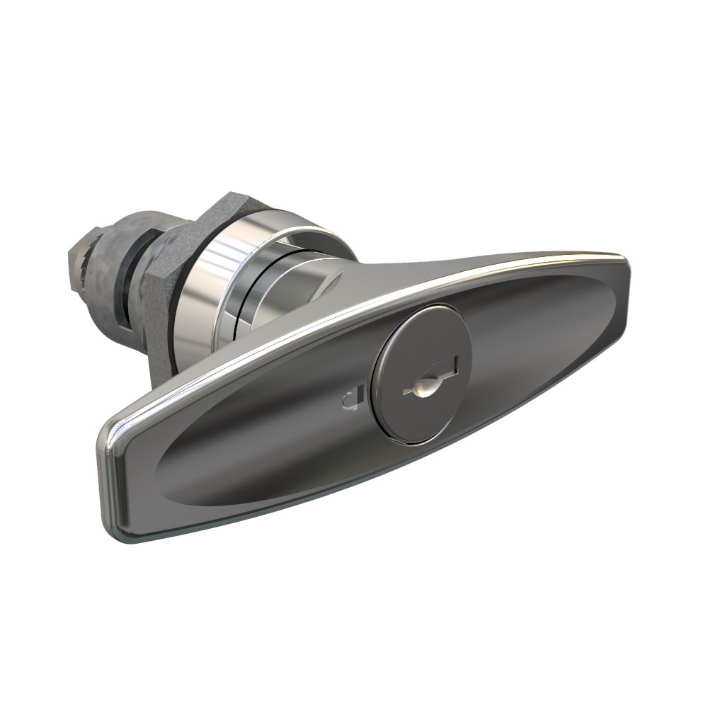 Southco Quarter-Turn Cam Latch, Key Locking (Reversible Key) T-handle, Spring-return Actuator, Not Sealed, Zinc Alloy, Chrome Plated, Bright
