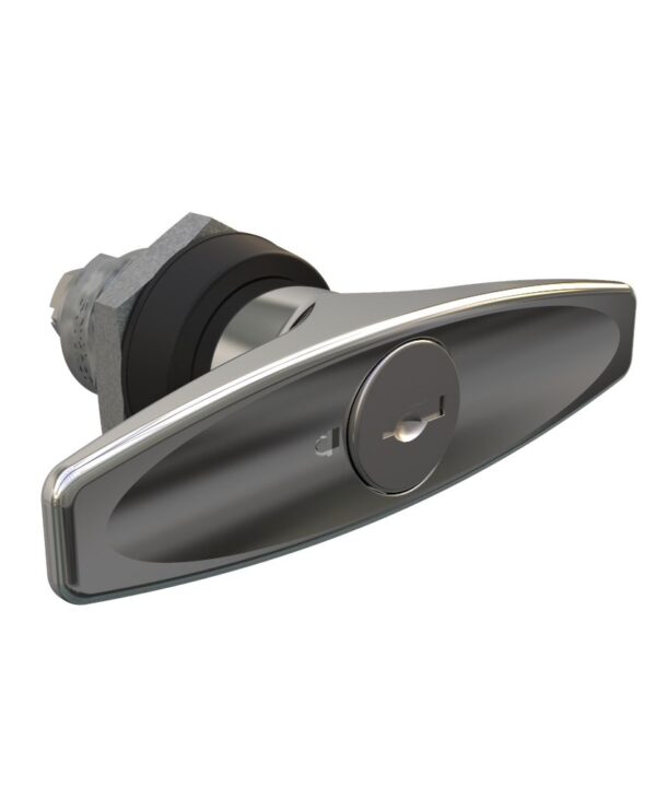 Southco Quarter-Turn Cam Latch, Key Locking (Reversible Key) T-handle, Without Cam, Sealed, Zinc Alloy, Chrome Plated, Bright