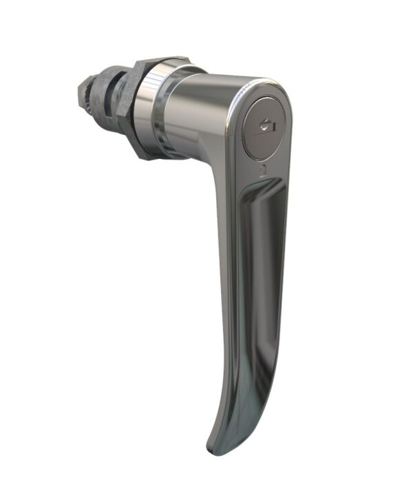 Southco Quarter-Turn Cam Latch, Key Locking (Reversible Key) L-handle, Spring-return Actuator, Not Sealed, Zinc Alloy, Chrome Plated, Bright
