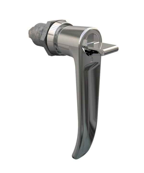 Southco Quarter-Turn Cam Latch, Key Locking (without lock core) L-handle, Spring-return Actuator, Not Sealed, Zinc Alloy, Chrome Plated, Bright