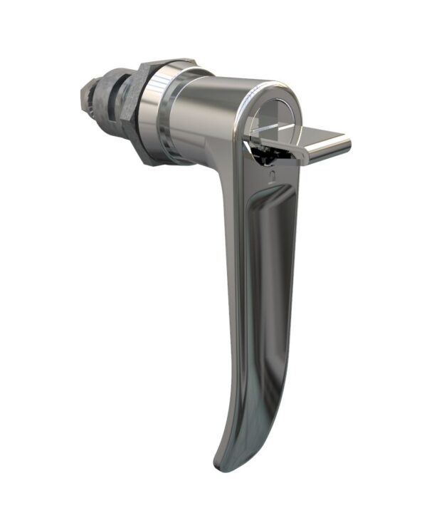 Southco Quarter-Turn Cam Latch, Key Locking (without lock core) L-handle, Spring-return Actuator, Not Sealed, Zinc Alloy, Chrome Plated, Bright