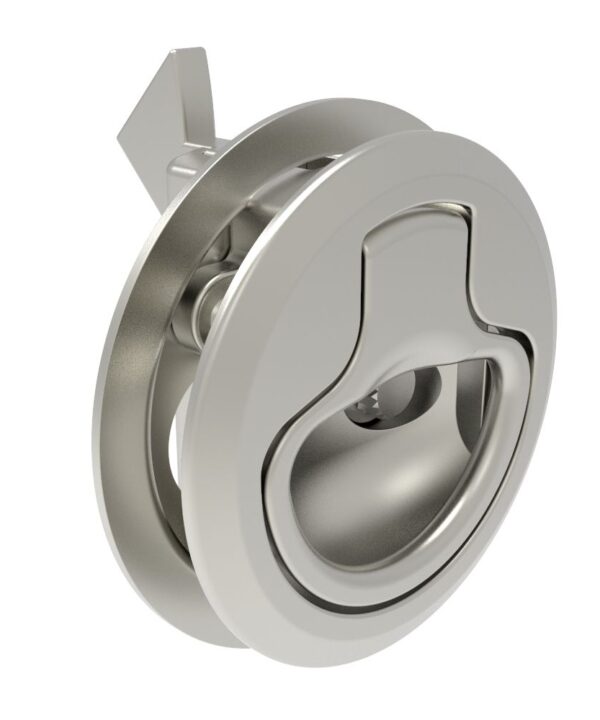 Southco Push-to-Close Latch, Small Size, Key Locking, 1 - 21mm (.04 - .83 in) Door thickness, 23mm (.91 in) Grip, 316 Stainless Steel, Electropolished