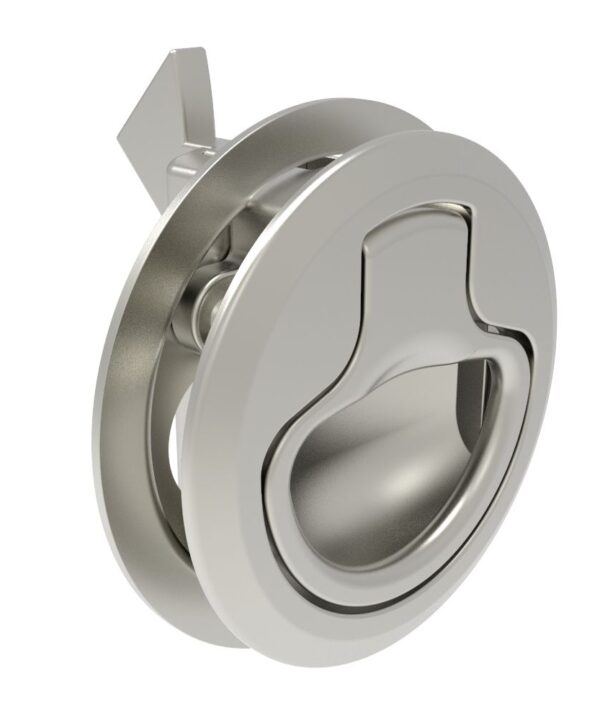 Southco Push-to-Close Latch, Small Size, No Restriction, 1 - 21mm (.04 - .83 in) Door thickness, 23mm (.91 in) Grip, 316 Stainless Steel, Electropolished