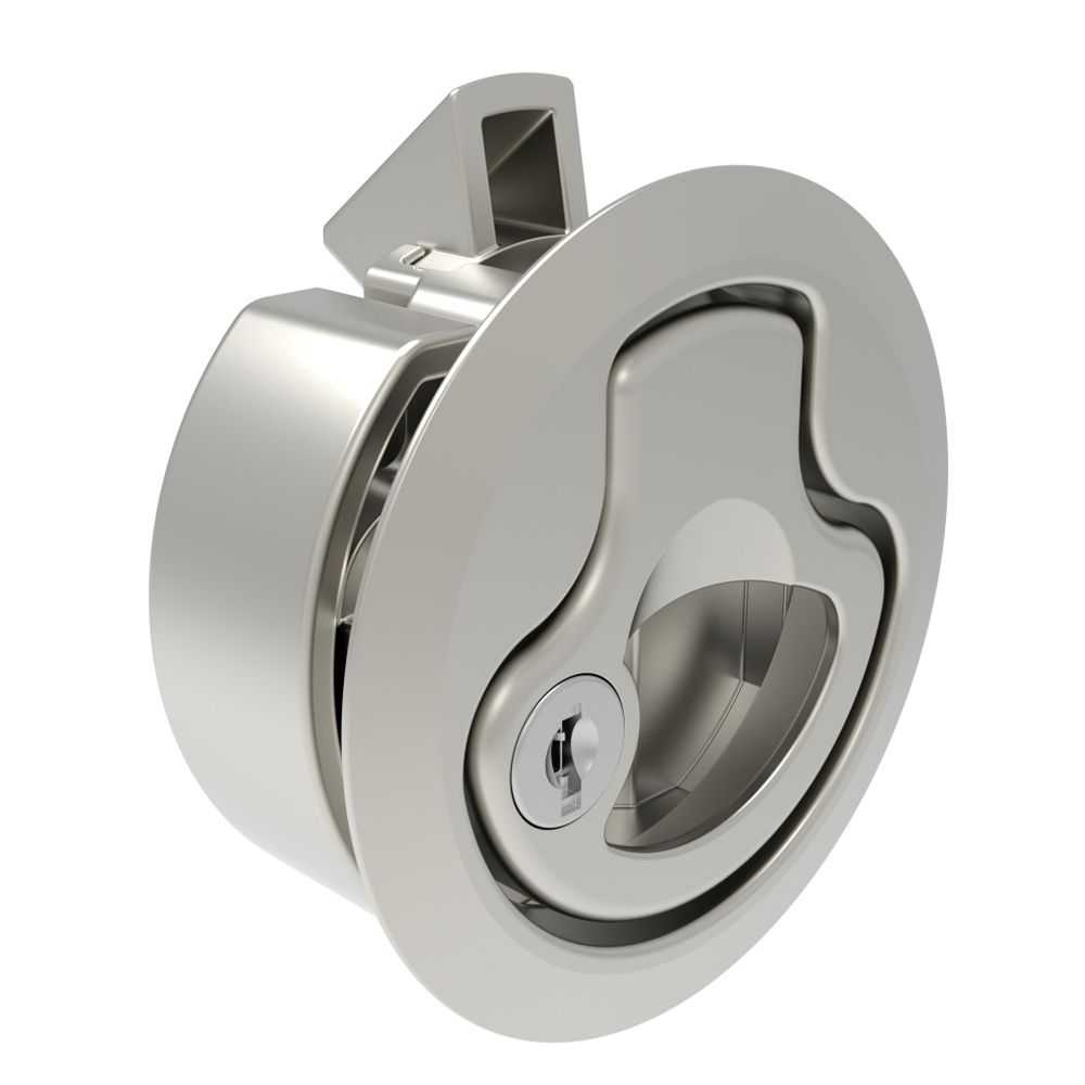 Southco Push-to-Close Latch, Large Size, Key Locking Keycode S008, 2 - 12 mm (.075 - . 475in) Door thickness, 20 mm (.75 in) Grip, 316 Stainless Steel, Electropolished