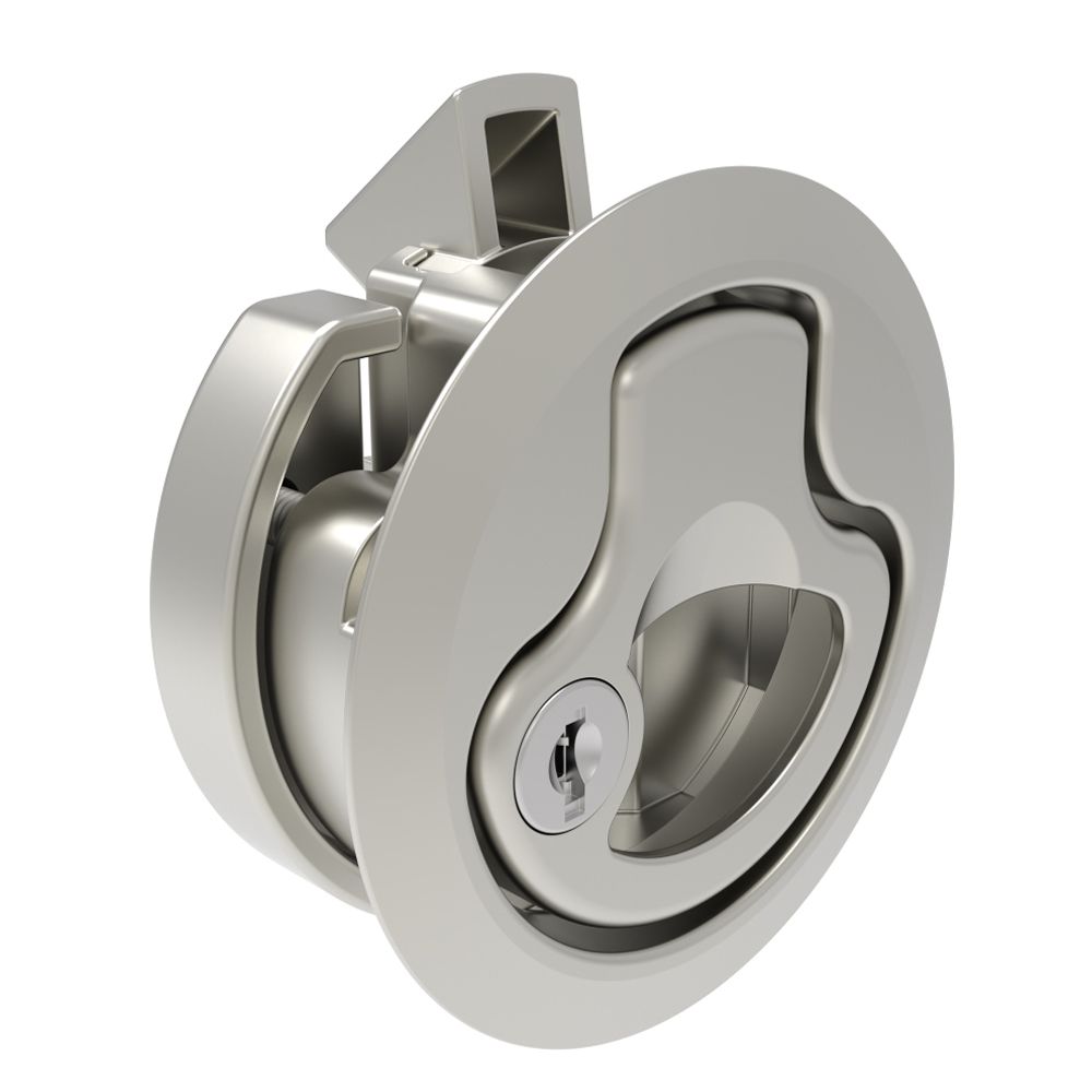 Southco Push-to-Close Latch, Large Size, Key Locking Keycode S008, 12 - 22 mm (.475 - . 875in) Door thickness, 20 mm (.75 in) Grip, 316 Stainless Steel, Electropolished