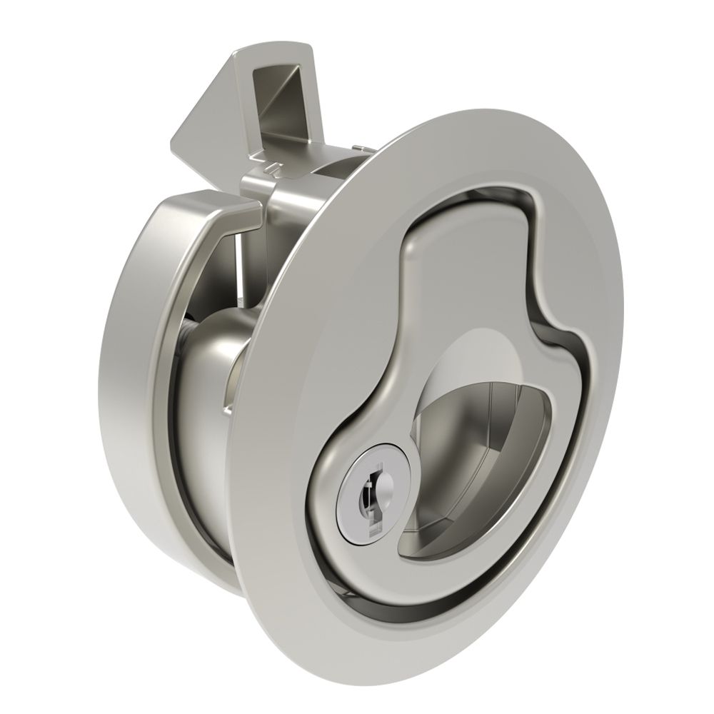 Southco Push-to-Close Latch, Large Size, Key Locking Keycode S008, 12 - 22 mm (.475 - . 875in) Door thickness, 32 mm (1.25 in) Grip, 316 Stainless Steel, Electropolished