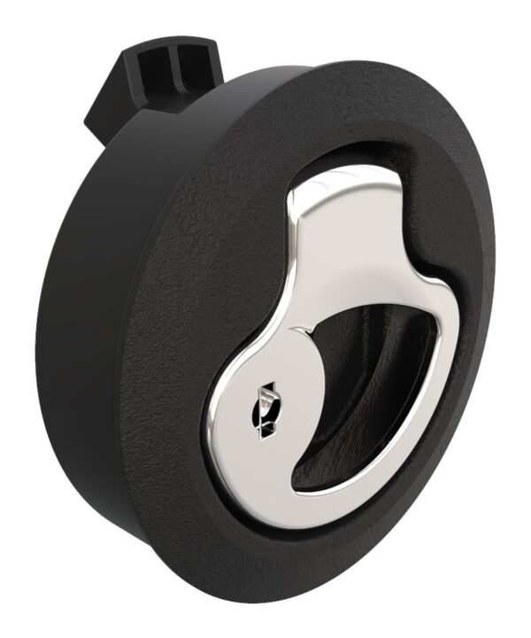 Southco Push-to-Close Latch, Medium Size, Key Locking, 2 - 7 mm (.075-.275 in) Door thickness, 25.5 mm (1.00 in) Grip, Black Plastic and 316 Stainless Steel, Natural and Electropolished