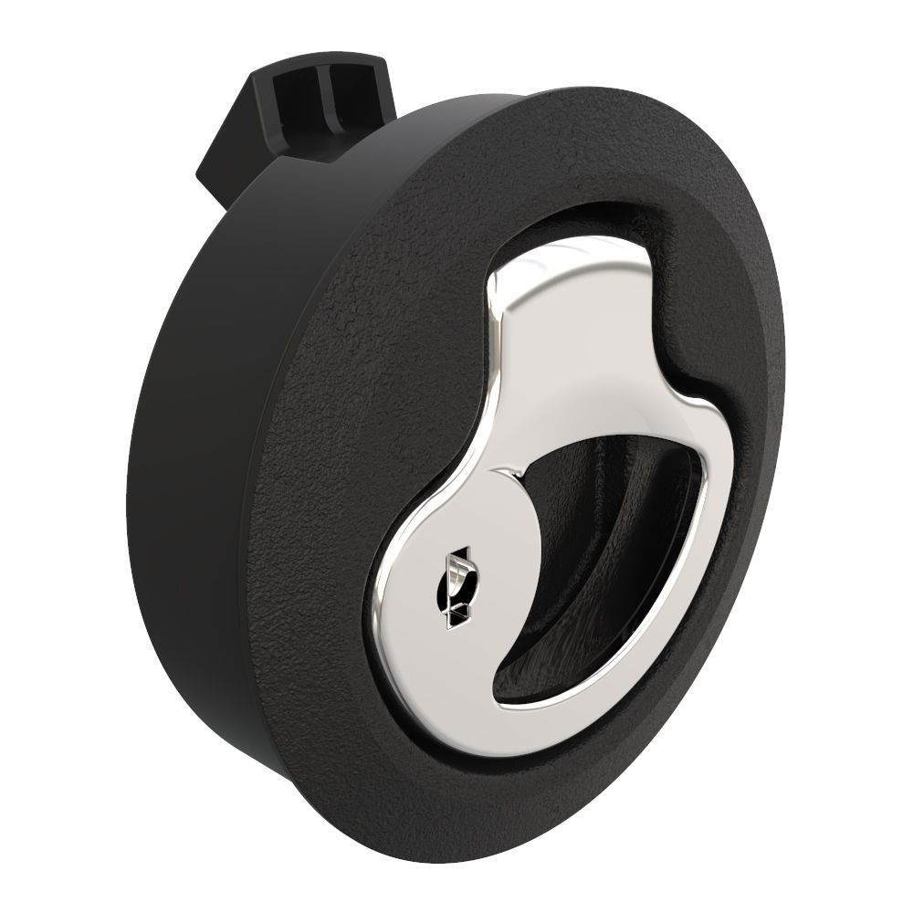 Southco Push-to-Close Latch, Medium Size, Key Locking, 2 - 7 mm (.075-.275 in) Door thickness, 25.5 mm (1.00 in) Grip, Black Plastic and 316 Stainless Steel, Natural and Electropolished