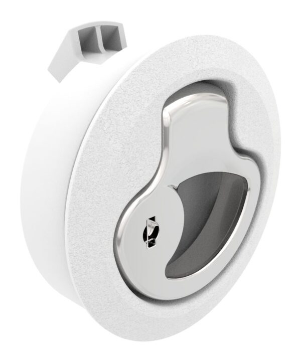 Southco Push-to-Close Latch, Medium Size, Key Locking, 7 - 12 mm (.275-.475 in) Door thickness, 25.5 mm (1.00 in) Grip, White Plastic and 316 Stainless Steel, Natural and Electropolished