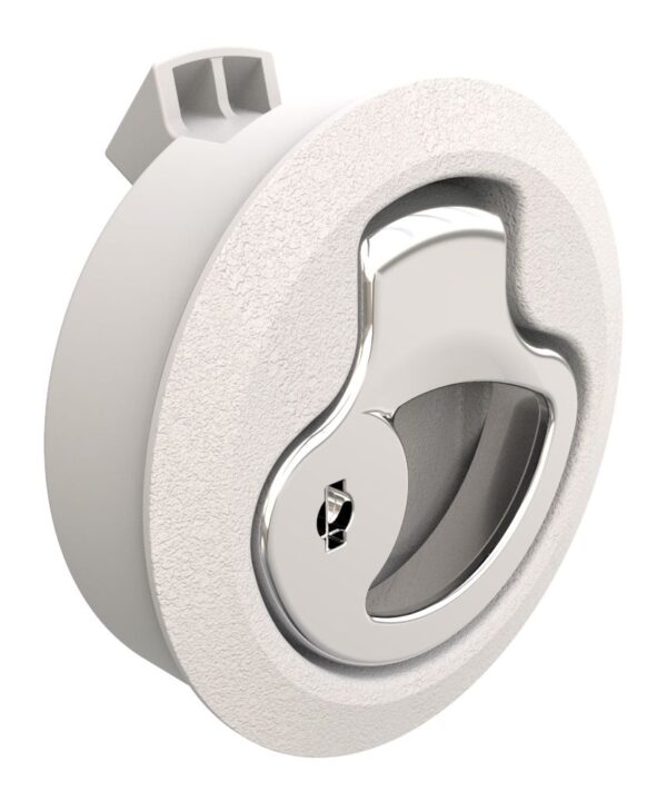 Southco Push-to-Close Latch, Medium Size, Key Locking, 7 - 12 mm (.275-.475 in) Door thickness, 25.5 mm (1.00 in) Grip, Beige Plastic and 316 Stainless Steel, Natural and Electropolished