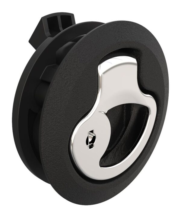 Southco Push-to-Close Latch, Medium Size, Key Locking, 12 - 17 mm (.475-.675 in) Door thickness, 25.5 mm (1.00 in) Grip, Black Plastic and 316 Stainless Steel, Natural and Electropolished
