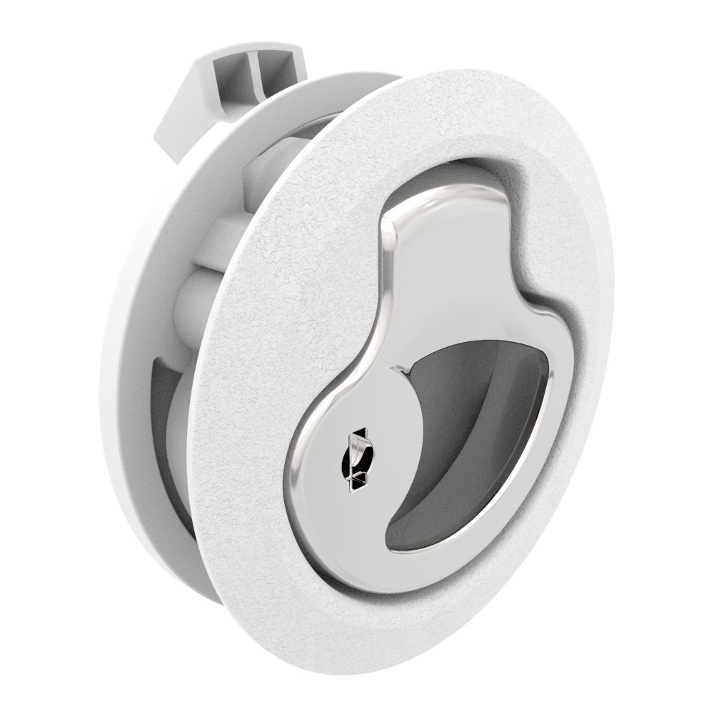 Southco Push-to-Close Latch, Medium Size, Key Locking, 12 - 17 mm (.475-.675 in) Door thickness, 25.5 mm (1.00 in) Grip, White Plastic and 316 Stainless Steel, Natural and Electropolished