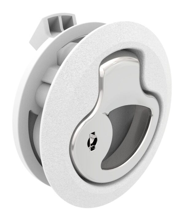 Southco Push-to-Close Latch, Medium Size, Key Locking, 17 - 22 mm (.675-.875 in) Door thickness, 25.5 mm (1.00 in) Grip, White Plastic and 316 Stainless Steel, Natural and Electropolished