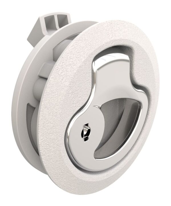 Southco Push-to-Close Latch, Medium Size, Key Locking, 17 - 22 mm (.675-.875 in) Door thickness, 25.5 mm (1.00 in) Grip, Beige Plastic and 316 Stainless Steel, Natural and Electropolished