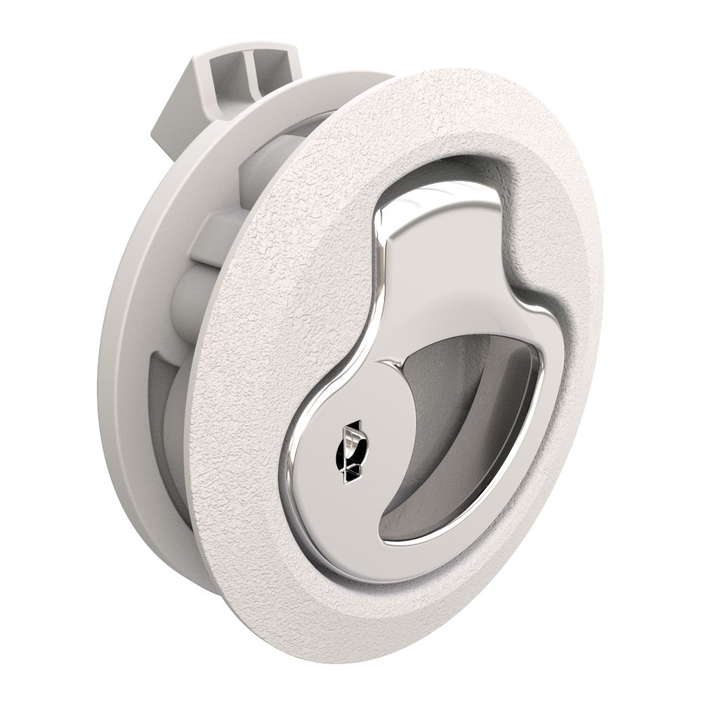 Southco Push-to-Close Latch, Medium Size, Key Locking, 17 - 22 mm (.675-.875 in) Door thickness, 25.5 mm (1.00 in) Grip, Beige Plastic and 316 Stainless Steel, Natural and Electropolished
