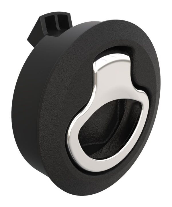 Southco Push-to-Close Latch, Medium Size, No Restriction, 2 - 7 mm (.075-.275 in) Door thickness, 25.5 mm (1.00 in) Grip, Black Plastic and 316 Stainless Steel, Natural and Electropolished