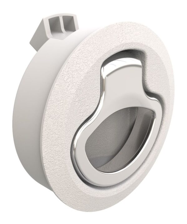 Southco Push-to-Close Latch, Medium Size, No Restriction, 2 - 7 mm (.075-.275 in) Door thickness, 25.5 mm (1.00 in) Grip, Beige Plastic and 316 Stainless Steel, Natural and Electropolished