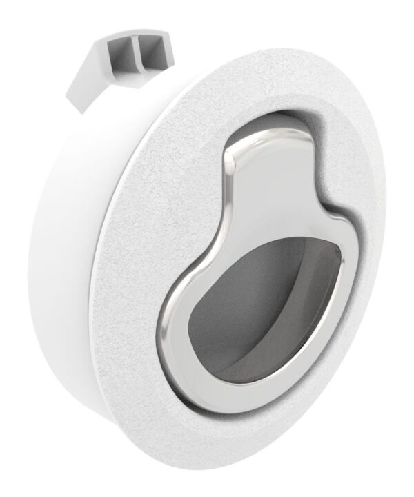Southco Push-to-Close Latch, Medium Size, No Restriction, 7 - 12 mm (.275-.475 in) Door thickness, 25.5 mm (1.00 in) Grip, White Plastic and 316 Stainless Steel, Natural and Electropolished