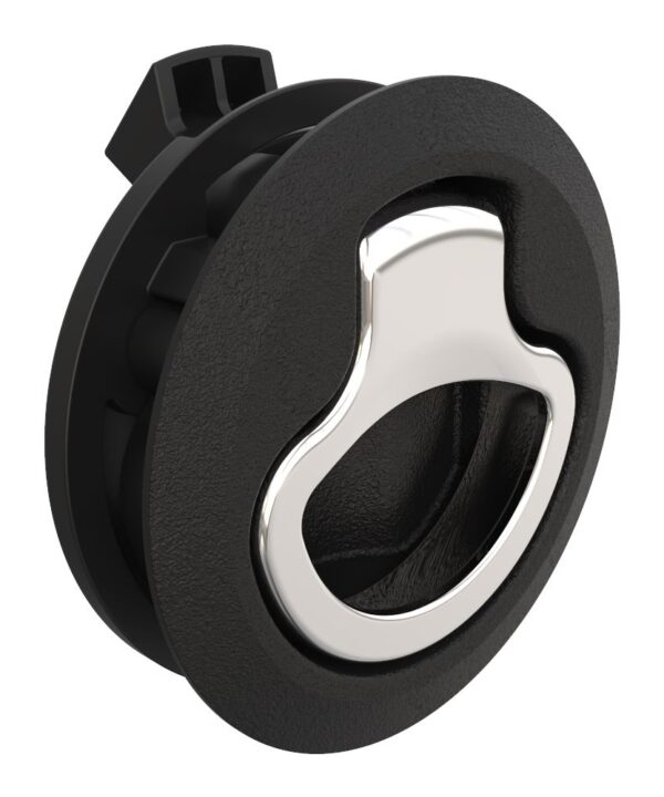 Southco Push-to-Close Latch, Medium Size, No Restriction, 12 - 17 mm (.475-.675 in) Door thickness, 25.5 mm (1.00 in) Grip, Black Plastic and 316 Stainless Steel, Natural and Electropolished