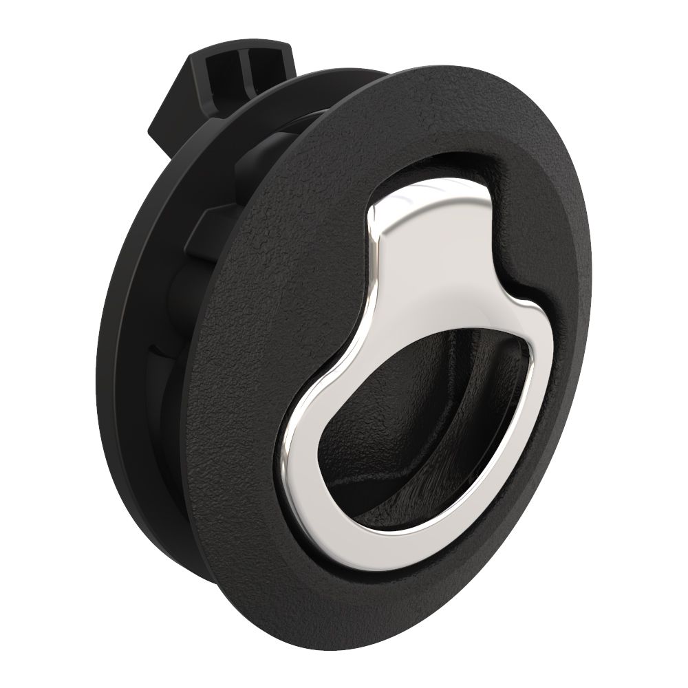 Southco Push-to-Close Latch, Medium Size, No Restriction, 12 - 17 mm (.475-.675 in) Door thickness, 25.5 mm (1.00 in) Grip, Black Plastic and 316 Stainless Steel, Natural and Electropolished