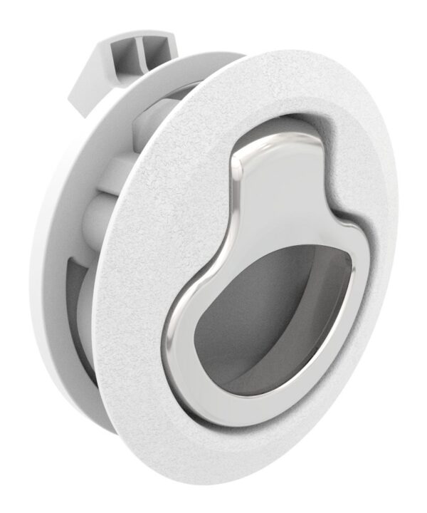 Southco Push-to-Close Latch, Medium Size, No Restriction, 17 - 22 mm (.675-.875 in) Door thickness, 25.5 mm (1.00 in) Grip, White Plastic and 316 Stainless Steel, Natural and Electropolished
