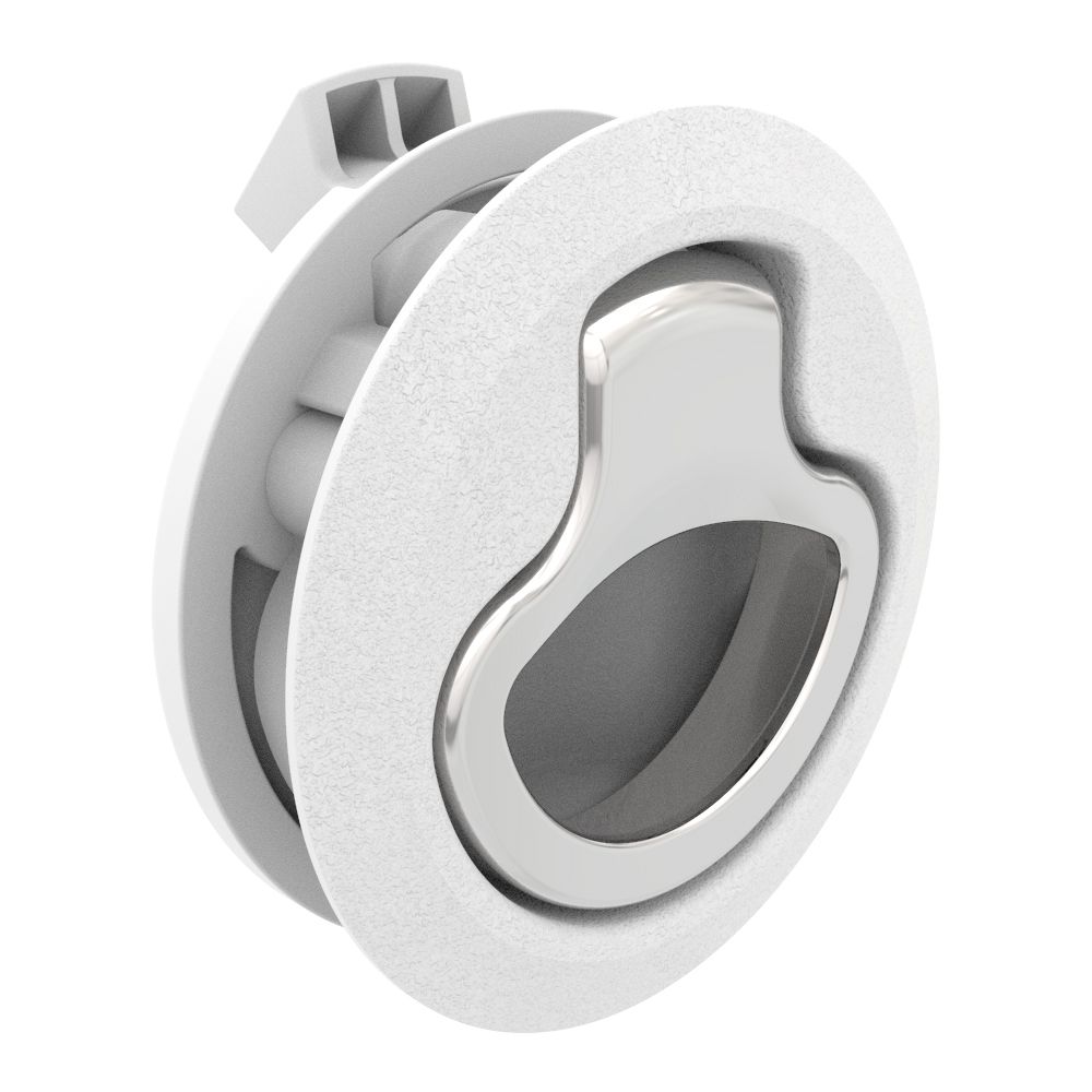 Southco Push-to-Close Latch, Medium Size, No Restriction, 17 - 22 mm (.675-.875 in) Door thickness, 25.5 mm (1.00 in) Grip, White Plastic and 316 Stainless Steel, Natural and Electropolished