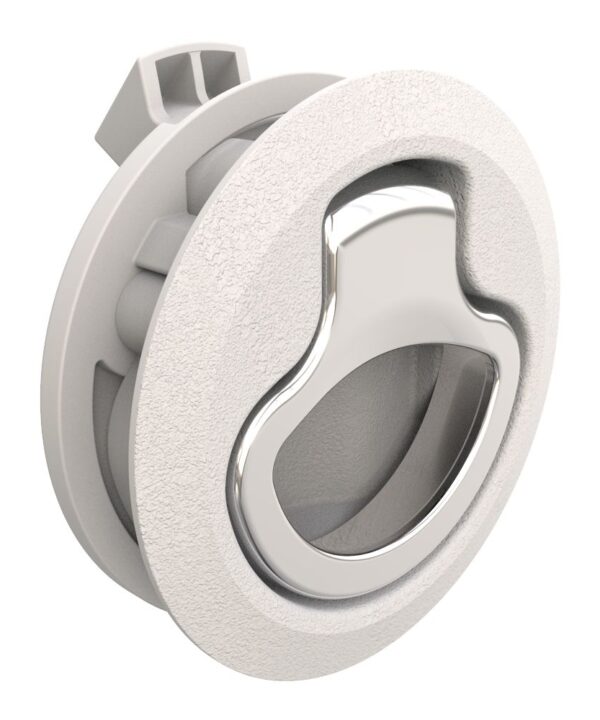 Southco Push-to-Close Latch, Medium Size, No Restriction, 17 - 22 mm (.675-.875 in) Door thickness, 25.5 mm (1.00 in) Grip, Beige Plastic and 316 Stainless Steel, Natural and Electropolished