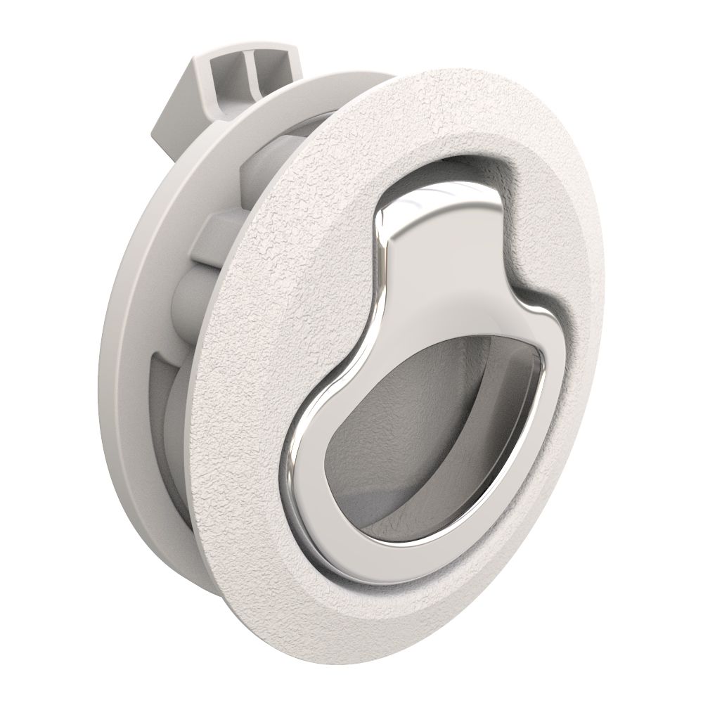 Southco Push-to-Close Latch, Medium Size, No Restriction, 17 - 22 mm (.675-.875 in) Door thickness, 25.5 mm (1.00 in) Grip, Beige Plastic and 316 Stainless Steel, Natural and Electropolished