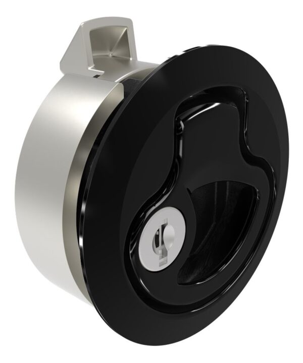 Southco Push-to-Close Latch, Medium Size, Key Locking Keycode S004, 7 - 12 mm (.275 - .475 in) Door thickness, 25.5 mm (1.00 in) Grip, 316 Stainless Steel, Black PVD