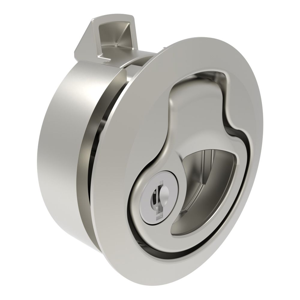 Southco Push-to-Close Latch, Medium Size, Key Locking Keycode S014, 2 - 7 mm (.075 - .275 in) Door thickness, 25.5 mm (1.00 in) Grip, 316 Stainless Steel, Elecrtpolished