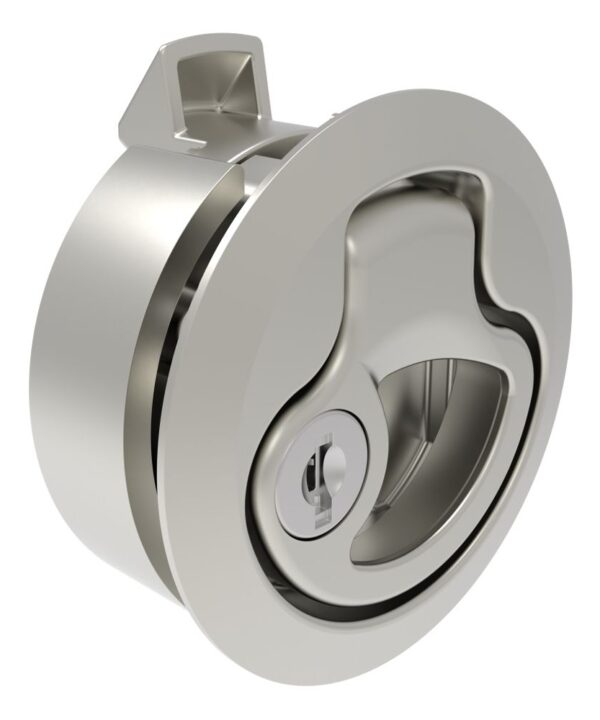 Southco Push-to-Close Latch, Medium Size, Key Locking Keycode S014, 7 - 12 mm (.275 - .475 in) Door thickness, 25.5 mm (1.00 in) Grip, 316 Stainless Steel, Elecrtpolished