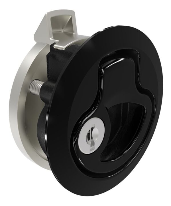 Southco Push-to-Close Latch, Medium Size, Key Locking Keycode S007, 12 - 17 mm (.475 - .675 in) Door thickness, 25.5 mm (1.00 in) Grip, 316 Stainless Steel, Black PVD