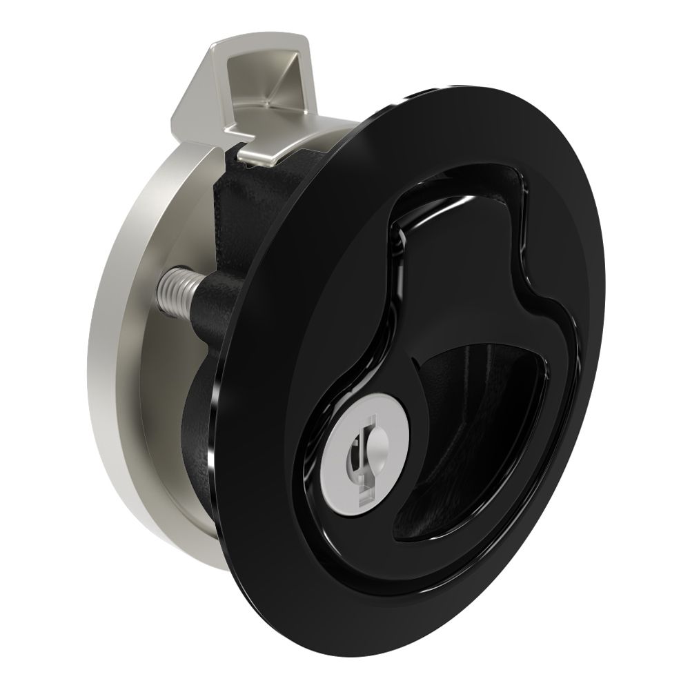 Southco Push-to-Close Latch, Medium Size, Key Locking Keycode S014, 17 - 22 mm (.675 - .875 in) Door thickness, 25.5 mm (1.00 in) Grip, 316 Stainless Steel, Black PVD