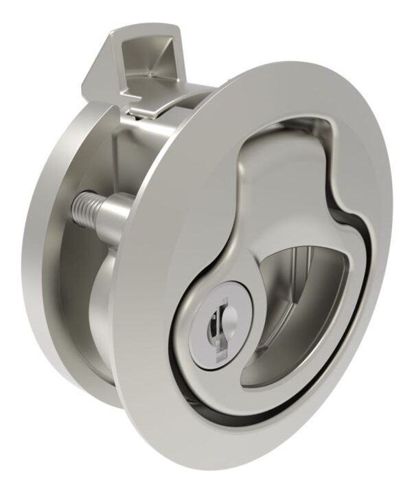 Southco Push-to-Close Latch, Medium Size, Key Locking Keycode S008, 12 - 17 mm (.475 - .675 in) Door thickness, 25.5 mm (1.00 in) Grip, 316 Stainless Steel, Elecrtpolished