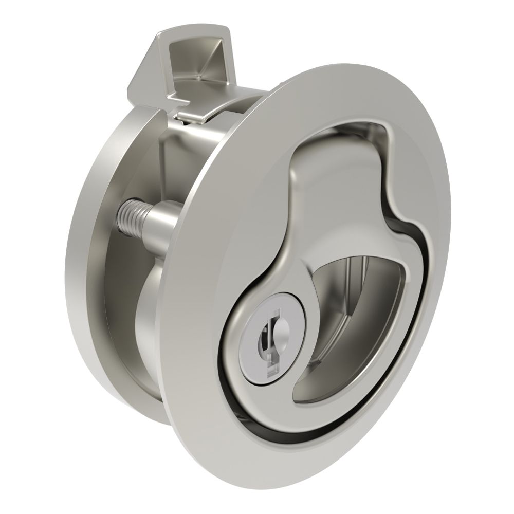 Southco Push-to-Close Latch, Medium Size, Key Locking Keycode S014, 17 - 22 mm (.675 - .875 in) Door thickness, 25.5 mm (1.00 in) Grip, 316 Stainless Steel, Elecrtpolished