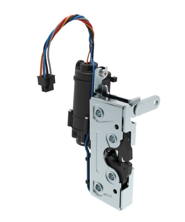 Southco Rotary Push-to-Close Latch, Heavy Duty Size, Two Stage, 12 V Electronic Actuation with Switch, Perpendicular Lever, 7.2 mm Through Hole, Steel, Zinc Plate, Bright chromate