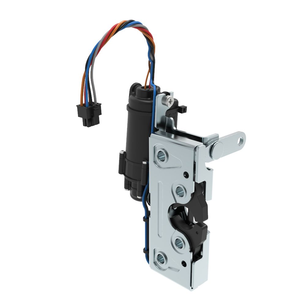 Southco Rotary Push-to-Close Latch, Heavy Duty Size, Two Stage, 12 V Electronic Actuation with Switch, Perpendicular Lever, 7.2 mm Through Hole, Steel, Zinc Plate, Bright chromate