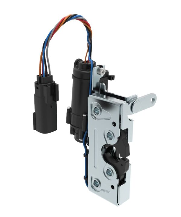 Southco Rotary Push-to-Close Latch, Heavy Duty Size, Two Stage, 12 V Electronic Actuation with Switch, Perpendicular Lever, 7.2 mm Through Hole, Steel, Zinc Plate, Bright chromate