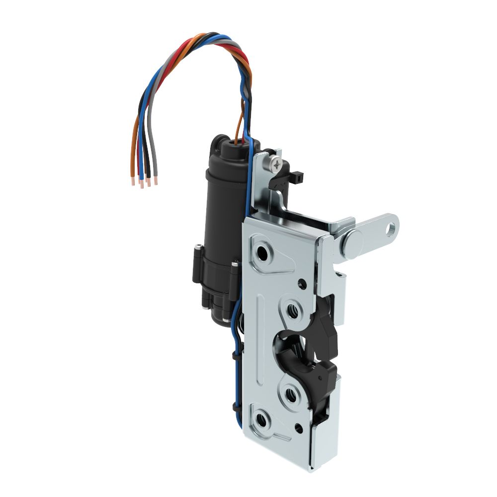 Southco Rotary Push-to-Close Latch, Heavy Duty Size, Two Stage, 12 V Electronic Actuation with Switch, Perpendicular Lever, 1/4-20 Thread, Steel, Zinc Plate, Bright chromate