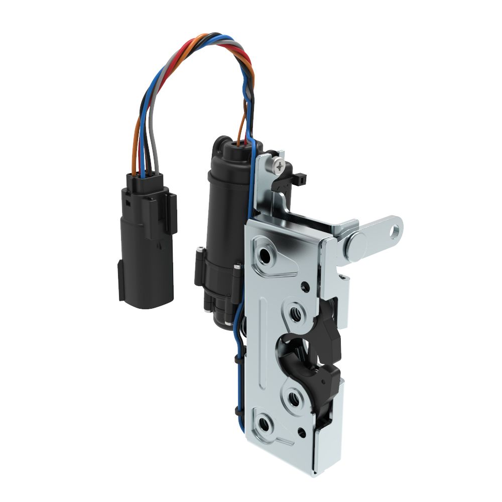 Southco Rotary Push-to-Close Latch, Heavy Duty Size, Two Stage, 12 V Electronic Actuation with Switch, Perpendicular Lever, 1/4-20 Thread, Steel, Zinc Plate, Bright chromate